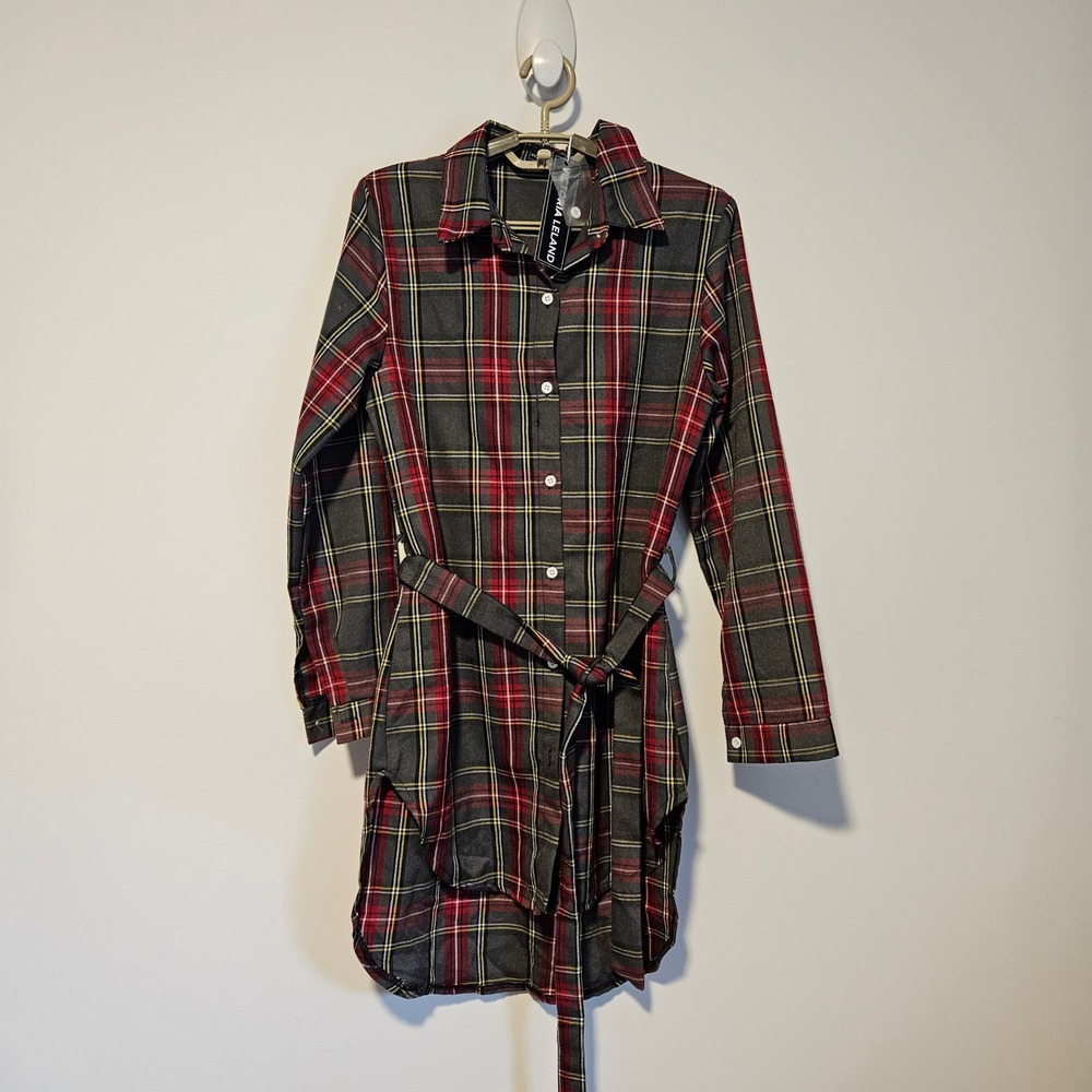 Victoria Leland Shirt Dress Small Red Gray Plaid Button Front Belt Academia Fall